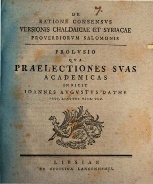 De Ratione Consensvs Versionis Chaldaicae Et Syriacae Proverbiorvm Salomonis : Prolvsio