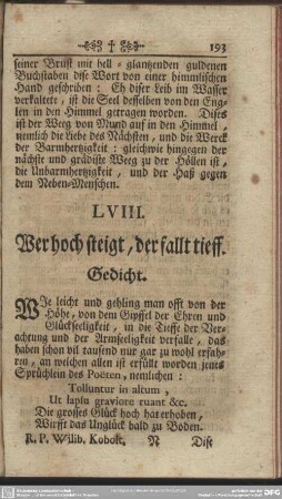 LVIII. Wer hoch steigt, der fallt tieff. Gedicht