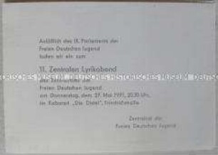 Einladung zu einer Kulturveranstaltung (Lyrikabend) für die Delegierten des IX. Parlaments der FDJ