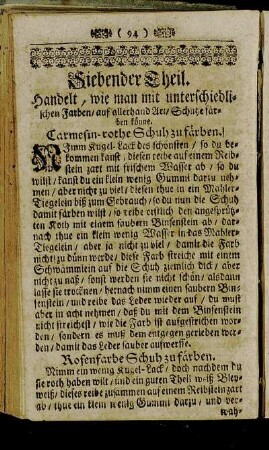 Siebender Theil. Handelt, wie man mit unterschiedlichen Farben auf allerhand Art Schuhe färben könne.