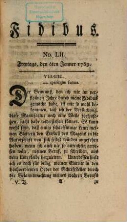 Fidibus : eine satyrische Monatsschrift. 5. Bündel, 1769, No. LII, 6. Jan. - LXIIII, 31. März