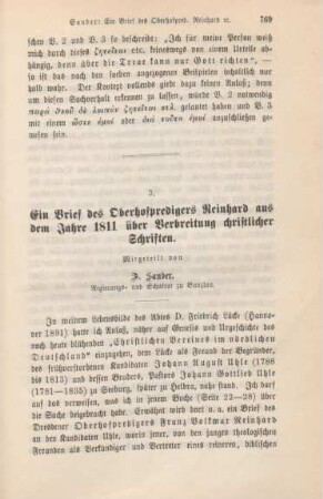 769-773 Ein Brief des Oberhofpredigers Reinhard aus dem Jahre 1811 über Verbreitung christlicher Schriften