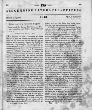 Teuffel, W. S.: Charakteristik des Horaz. Ein Beitrag zur Literaturgeschichte. Leipzig: Wigand 1842 (Fortsetzung von Nr. 137)