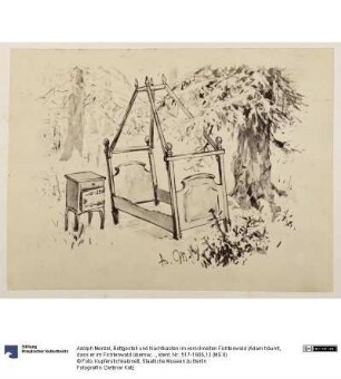 Bettgestell und Nachtkasten im verschneiten Fichtenwald (Adam träumt, dass er im Fichtenwald übernachten müsste), zu Heinrich von Kleist "Der zerbrochene Krug"