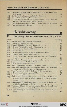 4. Auktionstag Donnerstag, den 10. September 1931, ½ 3 Uhr (Nr. 1001-1350)