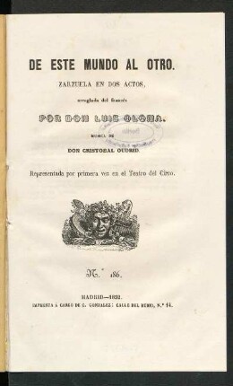De este mundo al otro : zarzuela en dos actos