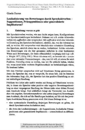 Lexikalisierung von Bewertungen durch Sprechaktverben - Suppositionen, Präsuppositionen oder generalisierte Implikaturen?