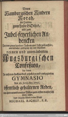 Denen Hamburgischen Kindern Korah, Als Dieselben zum Lobe Gottes , und zum Jubel-feyerlichen Andencken ...