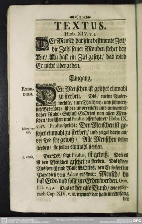 Leichenpredigt : Textus, Eingang, Abhandlung, Gebrauch