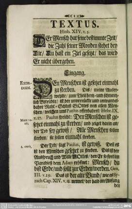 Leichenpredigt : Textus, Eingang, Abhandlung, Gebrauch