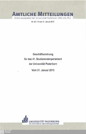 Geschäftsordnung für das 41. Studierendenparlament der Universität Paderborn : vom 31. Januar 2013