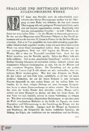 Fragliche und Irrtümlich Bertoldo zugeschriebene Werke