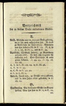 Verzeichniß der in diesem Buche enthaltenen Mahler.