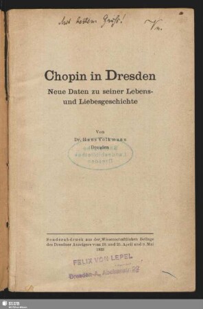 [Hauptbd.]: Chopin in Dresden : neue Daten zu seiner Lebens- und Liebesgeschichte