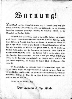 Warnung! Dem Beschlusse der Hohen National=Versammlung vom 11. November [...] (Sammlung Friedlaender)