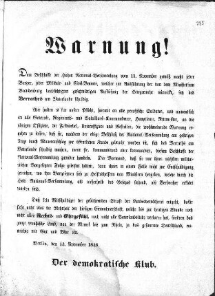 Warnung! Dem Beschlusse der Hohen National=Versammlung vom 11. November [...] (Sammlung Friedlaender)