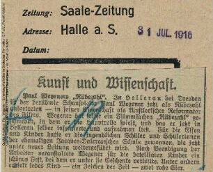 Drehbericht aus Saale-Zeitung (31.07.1916).