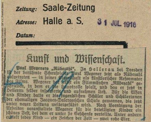 Drehbericht aus Saale-Zeitung (31.07.1916).