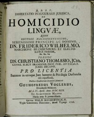 Dissertatio Inauguralis Juridica, De Homicidio Lingvæ