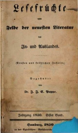 Lesefrüchte vom Felde der neuesten Literatur des In- und Auslandes. 1850,1