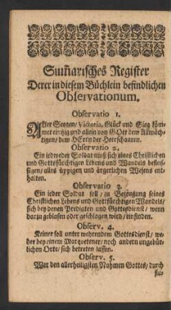 Summarisches Register Derer in diesem Büchlein befindlichen Observationum.