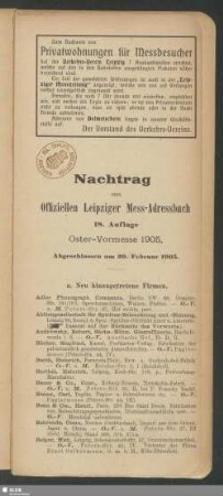 Nachtrag zum Offiziellen Leipziger Mess-Adressbuch 18. Auflage Oster-Vormesse 1905