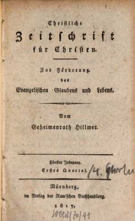 Christliche Zeitschrift für Christen : zur Förderung des evangelischen Glaubens und Lebens. 5, 5. 1817/19