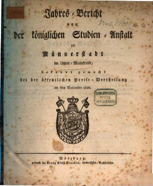 Jahresbericht der Königlich Bayerischen Studienanstalt zu Münnerstadt. 1820