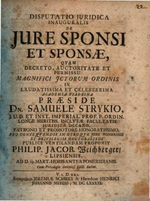 Disputatio Iuridica Inauguralis De Iure Sponsi Et Sponsae