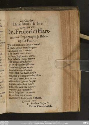 In Natalem Humanissimi & Integerrimi viri Dn. Friderici Hartmanni Typographi & Bibliopolae Francof.