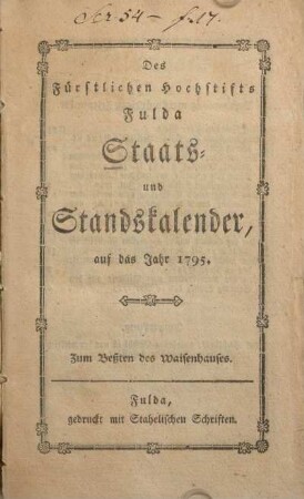 1795: Des Fürstlichen Hochstifts Fulda Staats- und Standskalender
