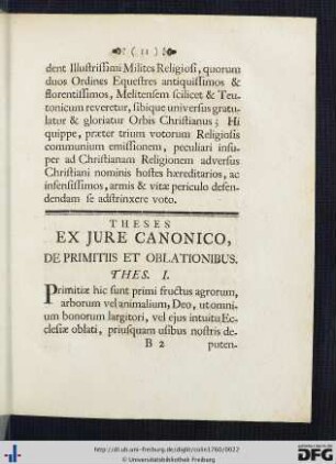 Theses Ex Jure Canonico, De Primitiis Et Oblationibus.