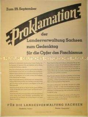 Maueranschlag mit Proklamation der Landesverwaltung Sachsen zum Gedenktag für die Opfer des Faschismus