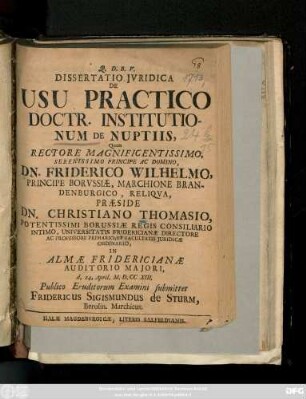 Dissertatio Jvridica De Usu Practico Doctr. Institutionum De Nuptiis