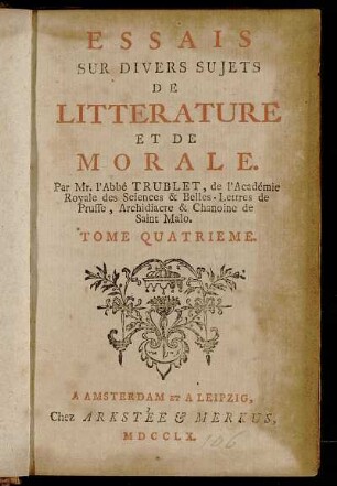 4: Essais Sur Divers Sujets De Litterature Et De Morale. Tome Quatrieme