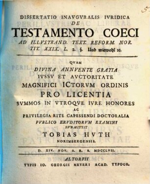 Dissertatio Inavgvralis Ivridica De Testamento Coeci : Ad Illvstrand. Text. Reform. Nor. Tit. XXIX. L. 2. §. Und wiewohl [et]c.