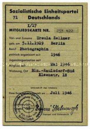 Mitgliedskarte der Sozialistischen Einheitspartei Deutschlands