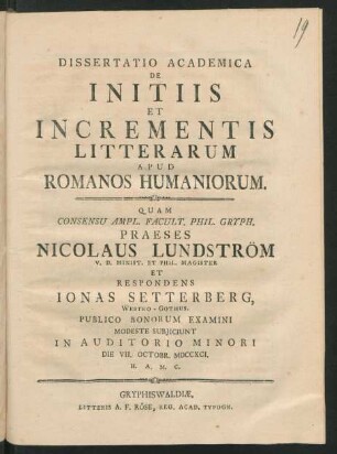 Dissertatio Academica De Initiis Et Incrementis Litterarum Apud Romanos Humaniorum