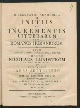 Dissertatio Academica De Initiis Et Incrementis Litterarum Apud Romanos Humaniorum