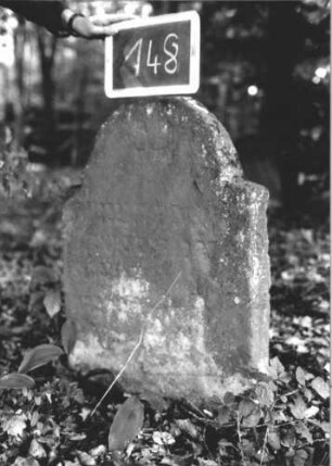 Grabstein 148 (Index: 99894872) Material: Sandstein Zustand: verwittert Maße HxBxT: 79x52x11 cm Beschreibung: Stele mit eingezogenem Rundbogenabschluss: Grabstein 148