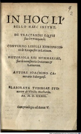 De tractandis Equis sive Hippocomicus Conversio Xenophontis de re equestri. Historiola rei nummariae