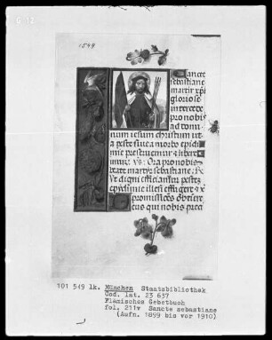 Flämisches Gebetbuch mit Kalender — Der heilige Sebastian, Folio 211verso