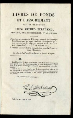 Livres De Fonds Et D'Assortiment Qui Se Trouvent Chez Arthus Bertrand, Libraire, Rue Hautefeuille, No. 23, A Paris