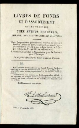 Livres De Fonds Et D'Assortiment Qui Se Trouvent Chez Arthus Bertrand, Libraire, Rue Hautefeuille, No. 23, A Paris