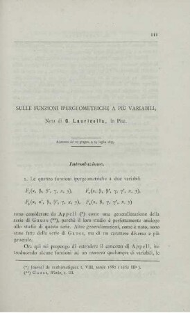 Sulle funzioni ipergeometriche a piu variabili.