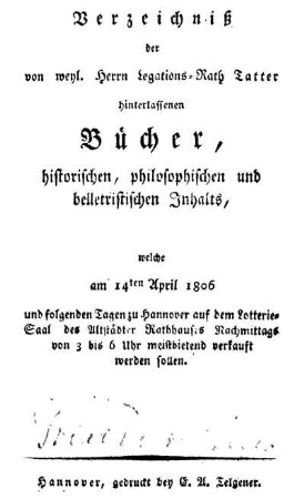 Verzeichniß der von dem Legations-Rath Georg Tatter hinterlassenen Bücher