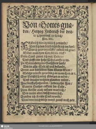 Von Gottes gnaden, Hertzog Friderich der dritte Churfürst zu Sachssen. ect.