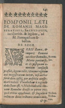 Pomponii Laeti De Romanis Magistratibus, Sacerdotiis, iurisperitis, & legibus, ad M. Pantagathum libellus