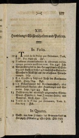 377-385, XIII. Handlungs=Wissenschaften und Policey.