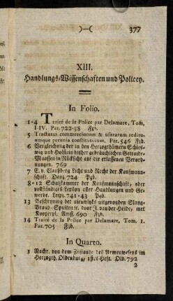 377-385, XIII. Handlungs=Wissenschaften und Policey.